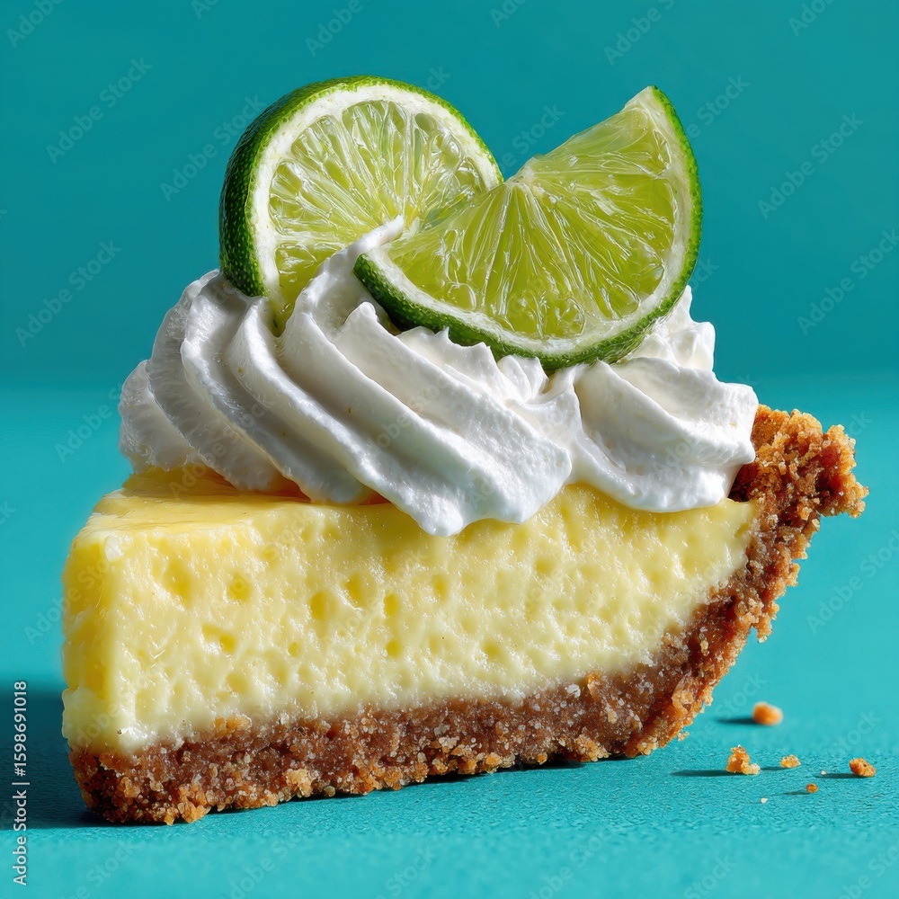 Poster a vibrant slice of lime pie is displayed with a graham cracker crust, topped with fluffy whipped cre