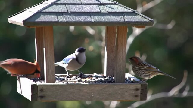 Birds eating seeds from a feeder in a backyard garden setting.