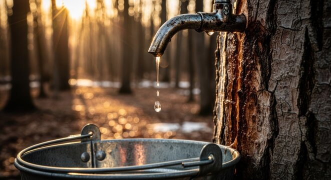 Maple syrup tap dripping into a bucket in a forest at sunrise