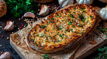 Freshly Baked Garlic Bread on Rustic Table