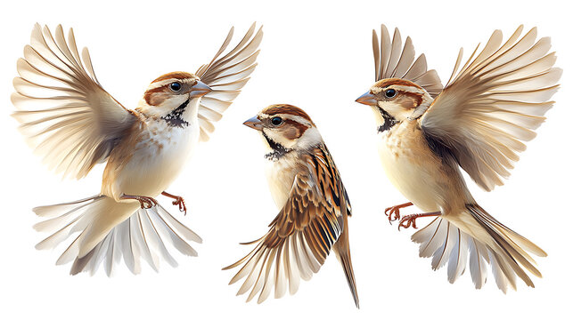 Three Calandra Larks in Flight, Isolated on White Background