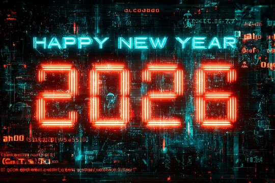 Futuristic neon "Happy New Year 2026" glowing in vibrant red and blue against a dark, digital, glitchy background with complex data streams and circuit patterns. - Powered by Adobe