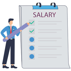 Businessman filling salary payroll system online in computer stock illustration