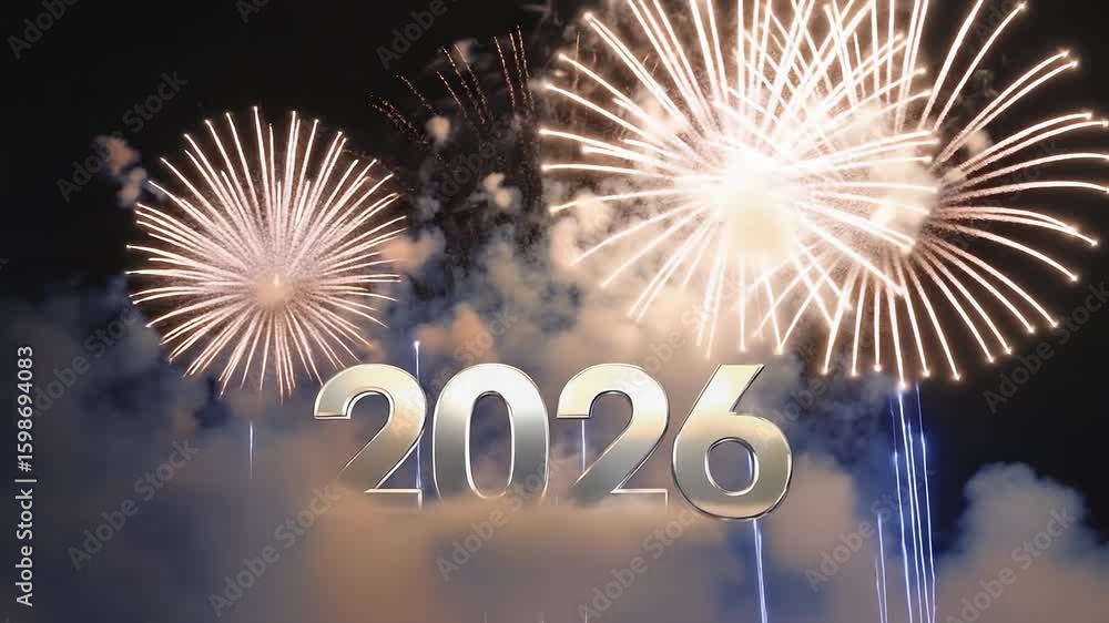 Poster fireworks display with the year 2026 written in the middle. the fireworks are lit up in the sky, cre