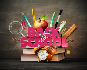 School accessories with books and Back To School text on blackboard background. 3D Rendering, 3D Illustration