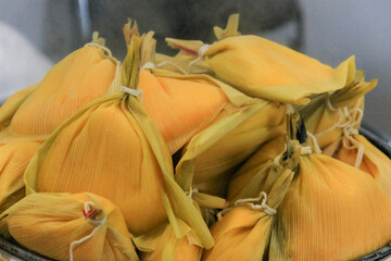 Several bundles of pamonha, made with corn husks and tied, are together in a container. They are...