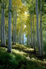 Obraz premium Sunlit path through aspen forest in autumn with lush greenery and yellow leaves