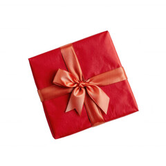 Wrapped red gift box with orange ribbon on white background  