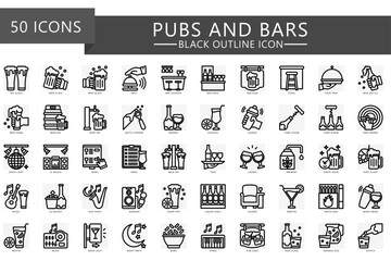 Pubs and bars outline icons set. contain beer, glass, keg, menu, cocktail, DJ, music, brandy, rum, brewery, drink, stool and more. Vector EPS 10 for UI or UX kit, web and app entertainment industry.