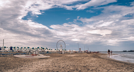 A rainy summer afternoon on the beach in Rimini. Adriatic Riviera, Emilia-Romagna, Italy.