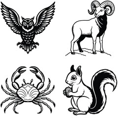 Obraz premium Vector art of a black and white illustration of an owl with its wings spread wide depicted in a stylized graphic design