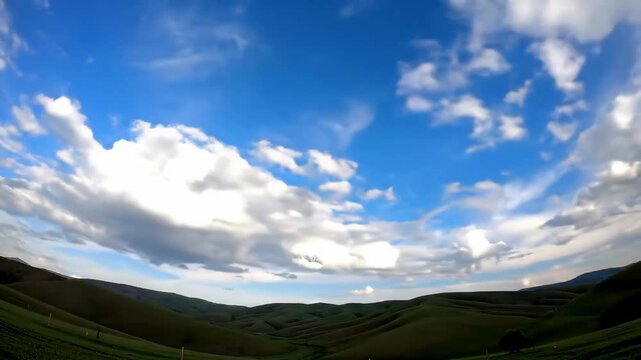 Rolling green hills stretch beneath a blue sky with fluffy clouds
