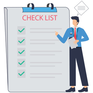 Flat illustration of quality control manager check compliance product with checklist clipboard and checkmark guarantee badge stock illustration
