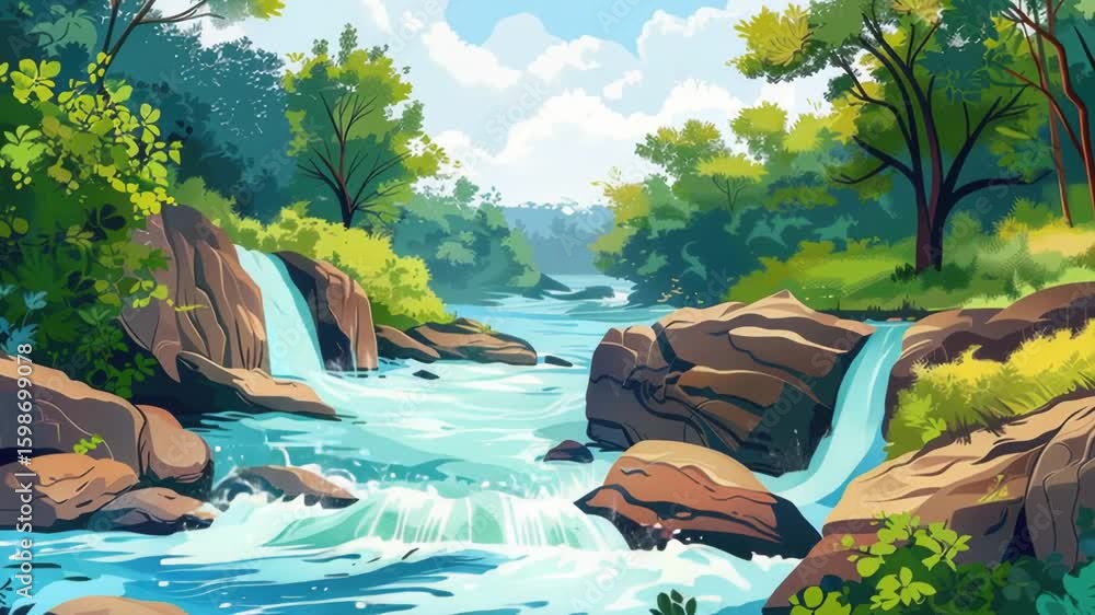 Poster a serene scene with a river flowing gently through a dense forest, perfect for use in environmental 