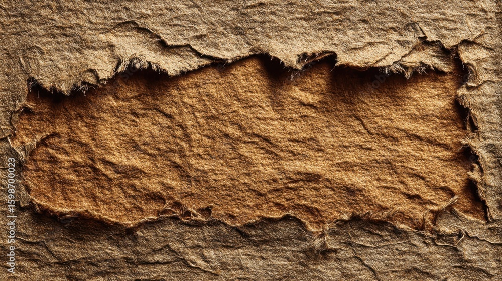 Aufkleber a torn piece of paper with a hole in it. the paper is brown and has a rough texture. the hole in the