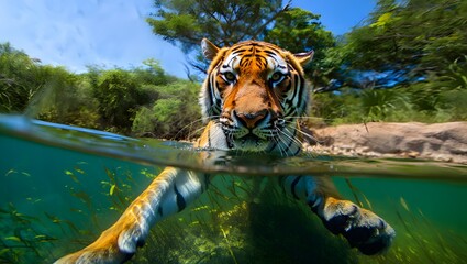 Majestic Tiger Emerging from Water - Wildlife Portrait