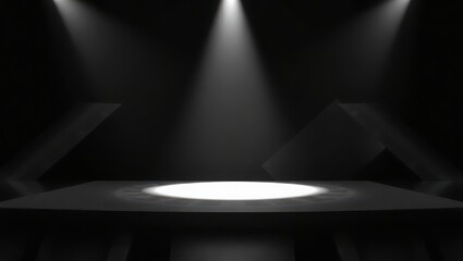 A Dark Stage Setting with Dramatic Spotlights Illuminating a Central Platform in an Empty Auditorium