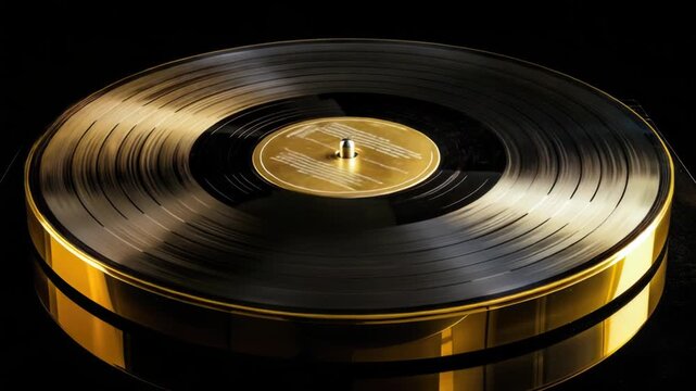 A gold record sits atop a black table