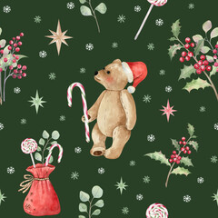 Christmas seamless pattern with watercolor illustration of a teddy bear wearing a Santa hat, and gift bag, holly, candy canes, stars, snowflakes, and eucalyptus