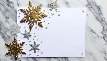 Decorated blank card with gold and silver snowflakes on marble background  