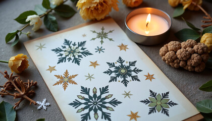 Christmas card with snowflake designs surrounded by flowers and candle  