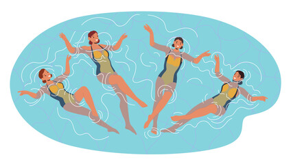 Beautiful women synchro swimmers crew performing synchronized dance in water pool cartoon scene