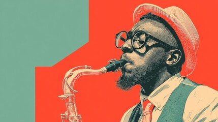 A man playing a saxophone with a hat on. The image is colorful and vibrant, with a sense of energy and excitement. The man's facial expression and posture suggest that he is enjoying himself