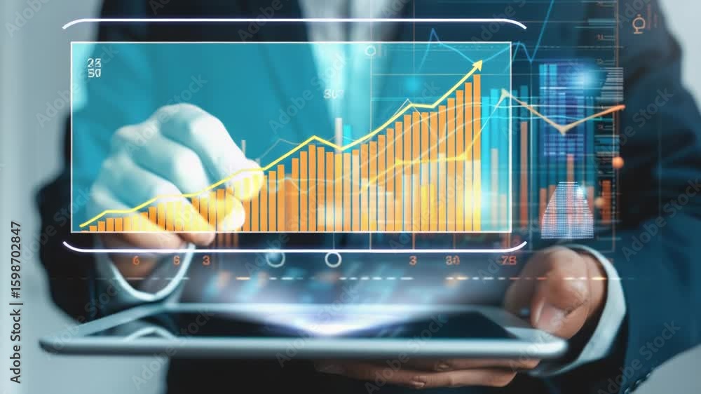 Poster a man holds a tablet computer in his hand, ready to work or browse