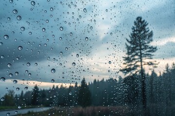 Close-up view of raindrops on a window reflecting a tranquil landscape at dusk during a rainy day