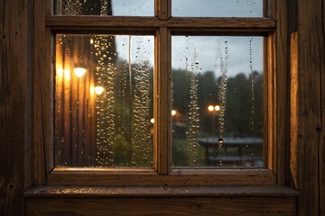 Raindrops on rustic wooden window frame reflecting warm lights in a tranquil setting