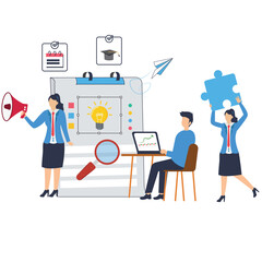 Vector illustration of team developing sales strategy with sticky notes on whiteboard revenue growth stock illustration