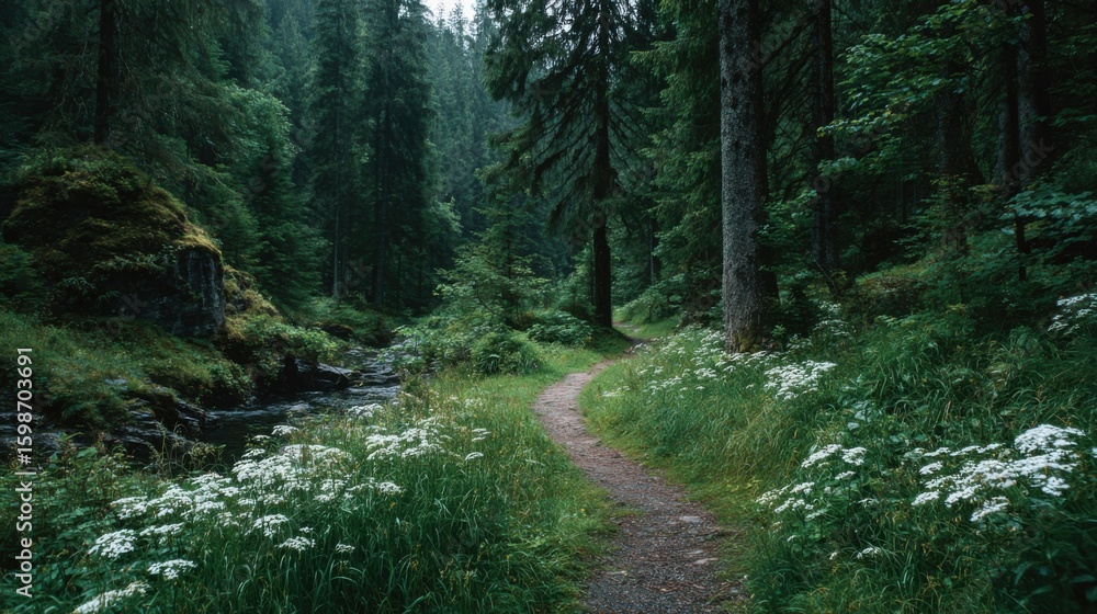Aufkleber a forest path with a river running through it. the path is lined with trees and the grass is lush an