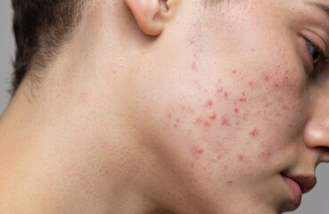 Close-up of young person cheek displaying acne, inflammation, redness. Shows skin blemishes, pores, scarring. Focus on facial dermatology, skin health, acne treatment options for problem skin.