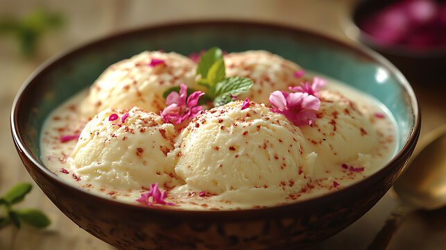 Creamy Vanilla Ice Cream with Rose Petals and Spices in a Decorative Bowl