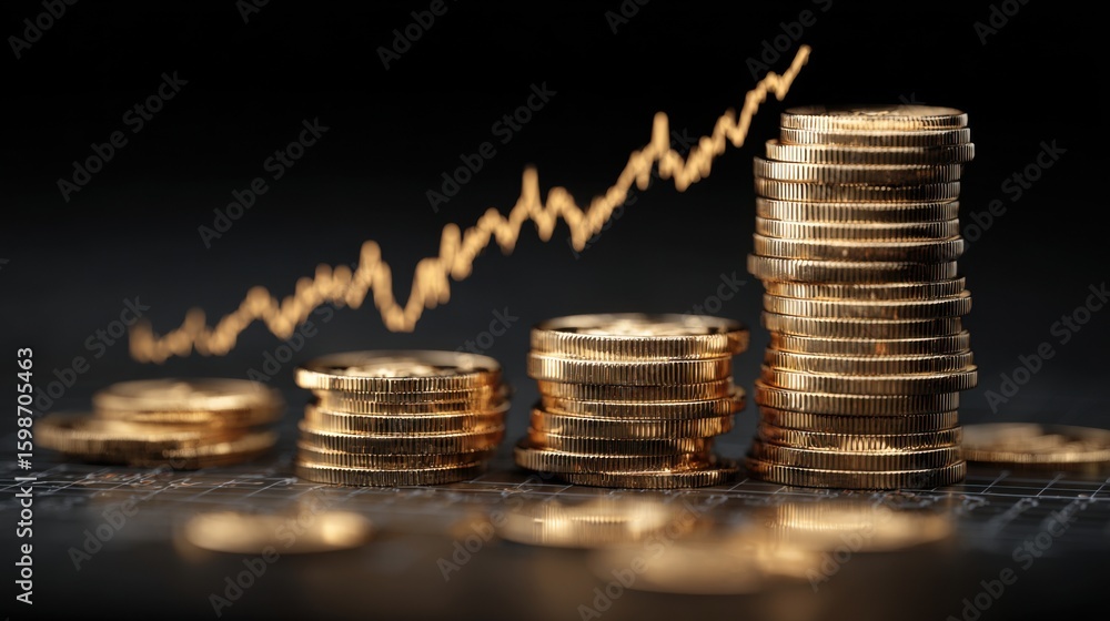 Poster a stack of gold coins with a graph in the background. the graph shows a rising trend, which could re