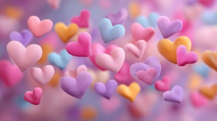 Fototapeta premium A bunch of hearts are flying in the air, with some being pink, purple, and yellow. Concept of love and happiness, as the hearts are scattered all over the sky