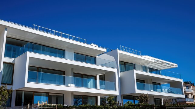 Modern luxury residential building with multiple balconies and large glass under clear blue sky