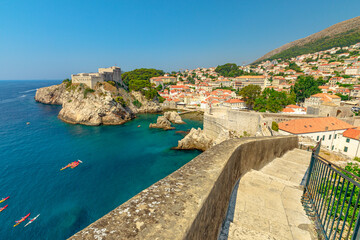 Aerial view on Dubrovnik city walls of Croatia. Fort Lovrijenac fortress in West Harbour. Dubrovnik...