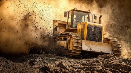 Heavy construction bulldozer pushing soil and dust du construction work on a dirt site in dusty environment