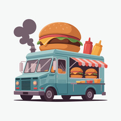 Cartoon food truck serving delicious burgers with condiments