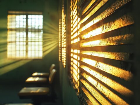 A bright parole hearing room glowing with hope as an inmate pleads their case, sunlight streaming through blinds