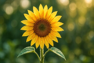 A single vibrant sunflower in sharp focus, standing tall in the center of the frame with its golden yellow petals