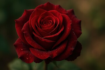 A close-up macro shot of a deep red rose in full bloom, its velvet petals unfolding with perfect symmetry