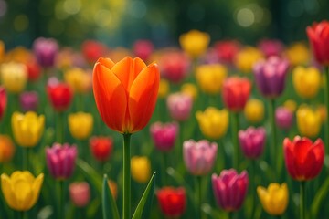 A vivid tulip garden scene where a single bright orange tulip stands out in crystal-clear focus among dozens of softly blurred tulips of various colors