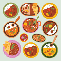 Collection of indian curries and rice dishes with bread