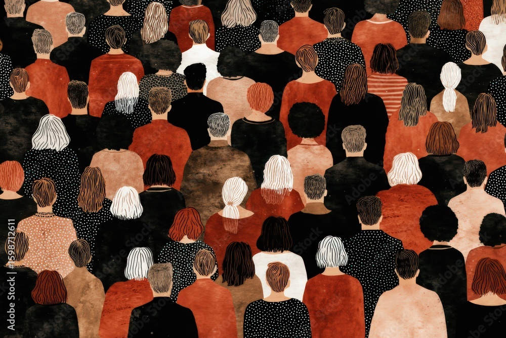Poster crowd of diverse individuals embracing collective identity in a dynamic tapestry of colors demonstra
