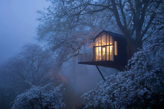 Modern treehouse nestled amongst blooming cherry trees in misty twilight