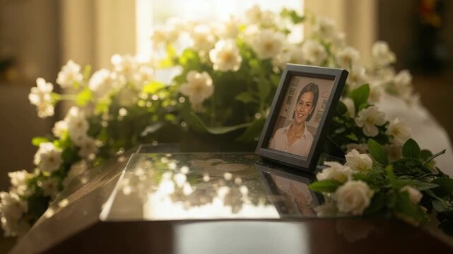 Funeral tribute with photo and white roses on casket shows sympathy and respect. Funeral tribute arrangement expresses condolences and remembrance for loved one, adding comfort to mourning family.