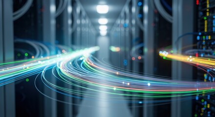 Visualization of realtime data flow through fiber optic networks inside a digital data hub.