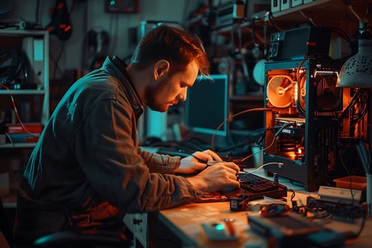 Man working on a computer with the case open in a cluttered workspace with shelves behind him